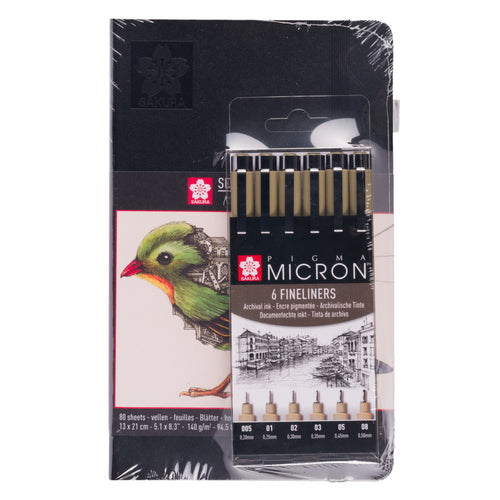 Sakura Pigma Micron Set 6 Black + Sketchbook 21 x 13 cm