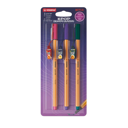 Fineliner STABILO point 88 KPop Demon Hunters 3er Blister mit Design-Charms von Rumis, Miras und Zoeys Ramyeon-Bechern