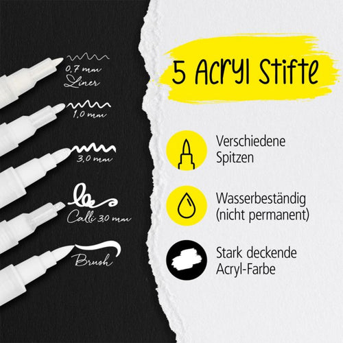 ONLINE White Lettering Set mit Acryl Marker, Fineliner und Brushpen, 5 Stifte