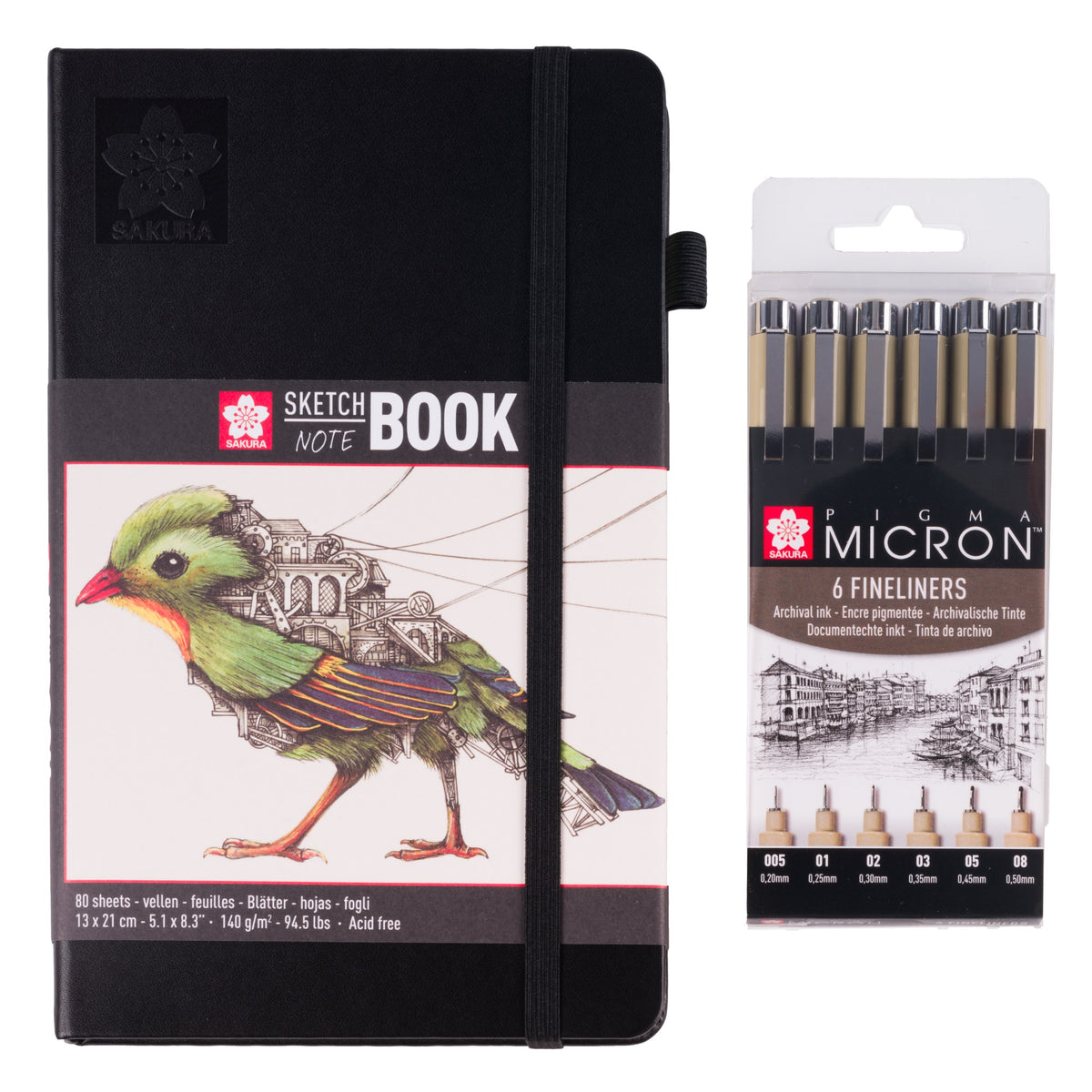 Sakura Pigma Micron Set 6 Black + Sketchbook 21 x 13 cm