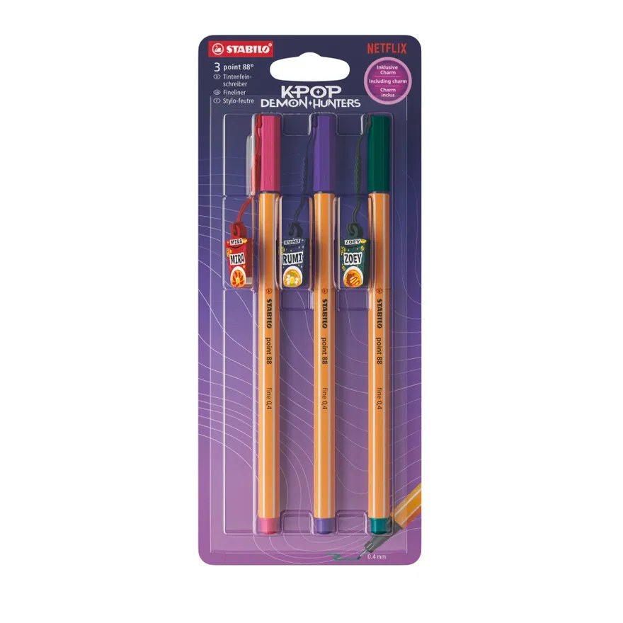 Fineliner STABILO point 88 KPop Demon Hunters 3er Blister mit Design-Charms von Rumis, Miras und Zoeys Ramyeon-Bechern