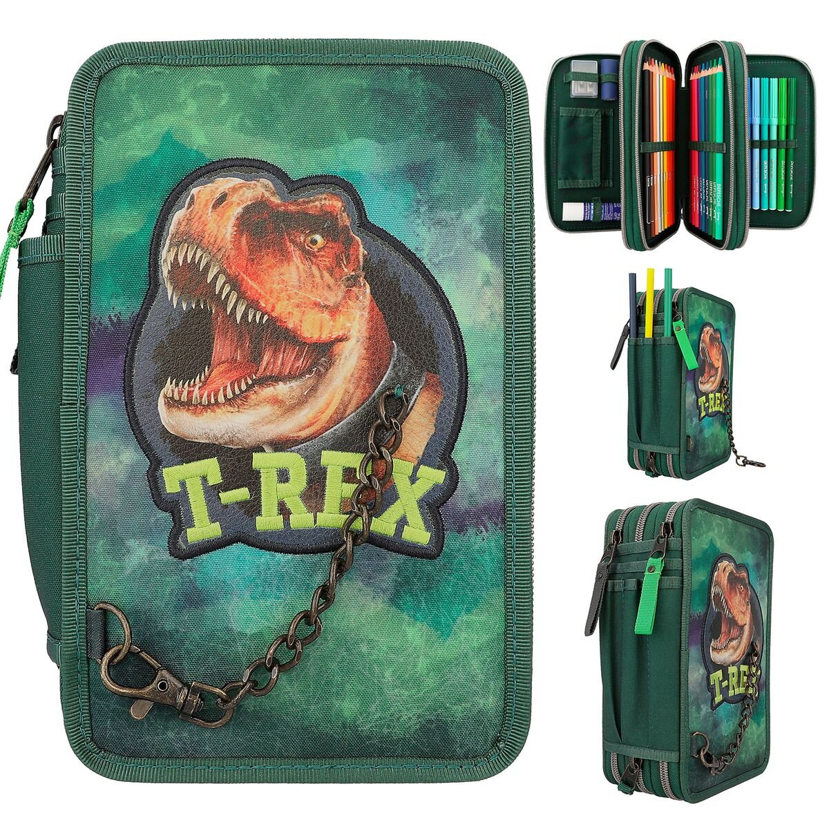 Depesche Dino World 3-Fach Federtasche Mit Kette Grün