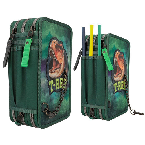Depesche 12506 Dino World 3-Fach Federtasche mit Kette Grün