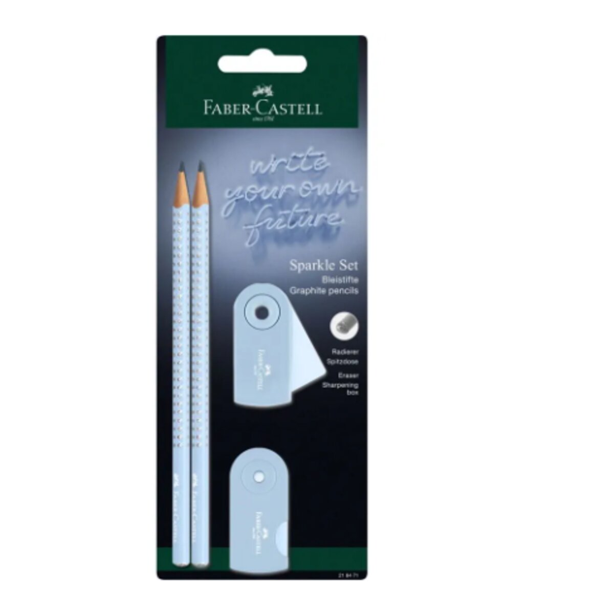 Faber-Castell Schreibset Sparkle sky blue 2 Bleistifte Spitzdose und Radierer