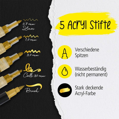 ONLINE Gold Lettering Set mit Acryl Marker, Fineliner und Brushpen, 5 Stifte
