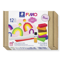 STAEDTLER® FIMO® soft 8023 ofenhärtende Modelliermasse, Materialpackung "Basic Set", 9 Halbblöcken 25g, 1 Glanzlack, 2 Modellierwerkzeuge