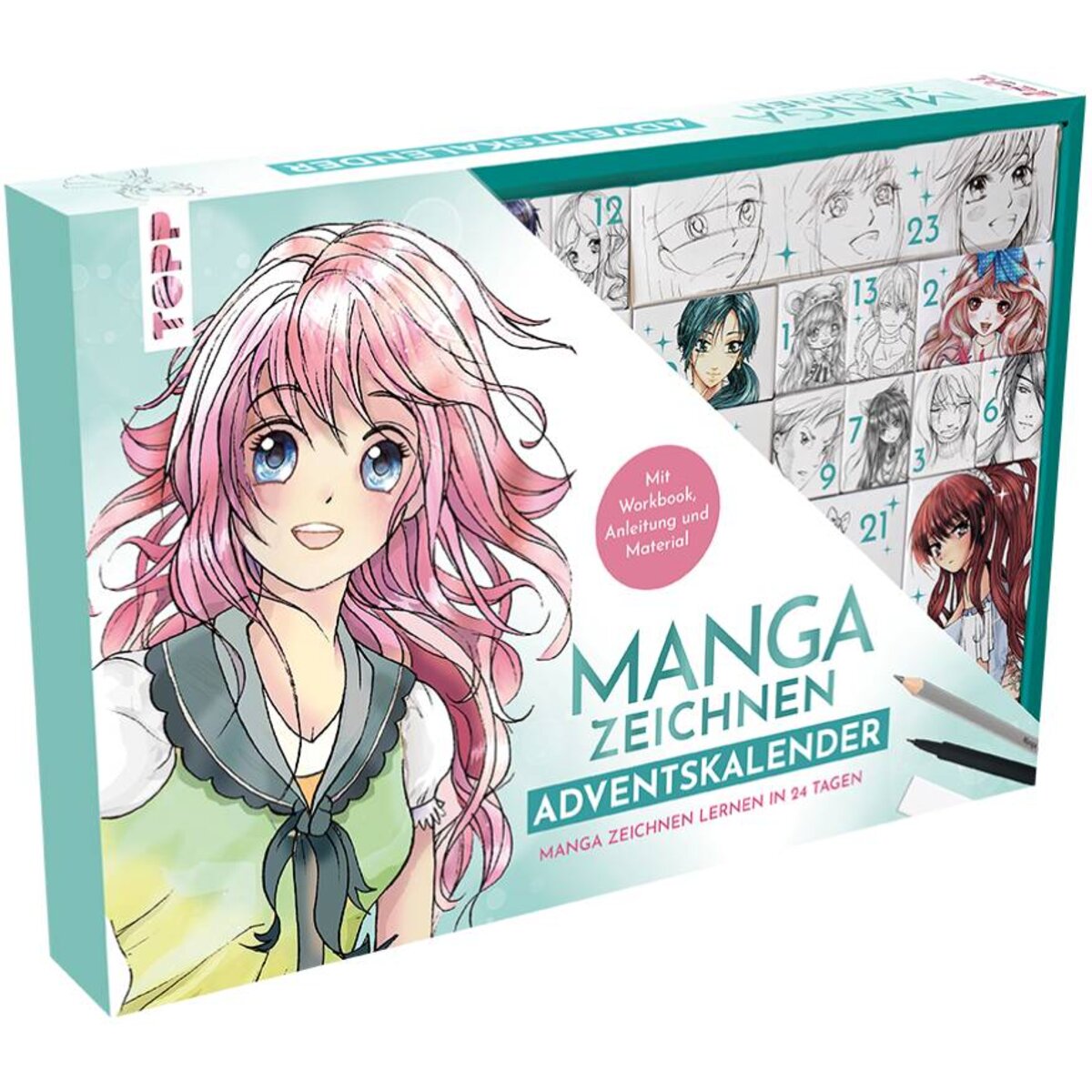 Manga zeichnen Adventskalender - Manga zeichnen lernen in 24 Tagen. Mit Anleitungsbuch, Workbook und